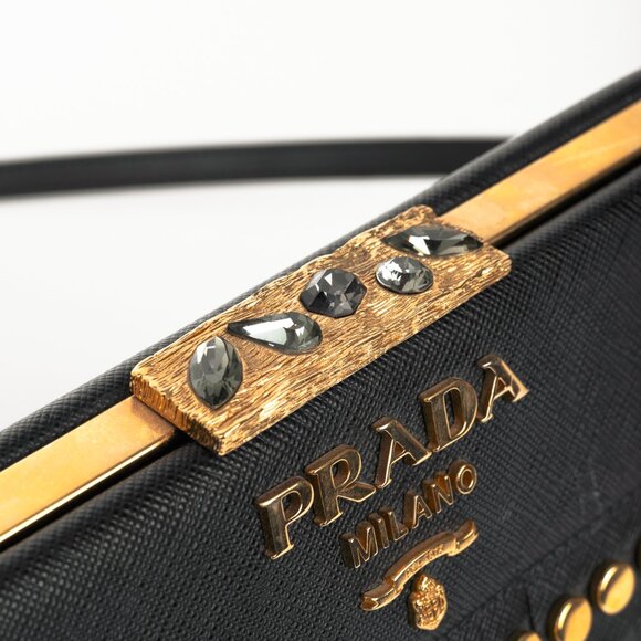 Prada Nero Saffiano Leather Studded Fringe Frame Shoulder Bag - Picture 11 of 14